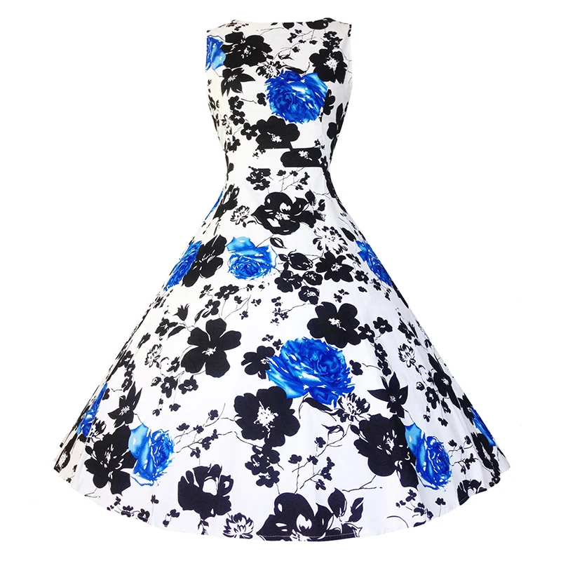 Kostlish Cotton Summer Dress Women 2017 Sleeveless Tunic 50s Vintage Dress Belt Elegant Print Rockabilly Party Dresses Sundress (87)