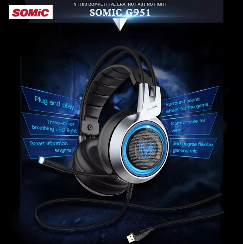 SOMiC G951 USB светодиодный игровой наушник дышащий 3 цвета подсветка бас стерео