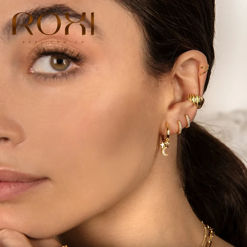 

ROXI Luxury Cross Star Moon Crystal Hoop Earrings for Women Girls Six Zircons Stone 925 Sterling Silver Drop Cartilage Earring