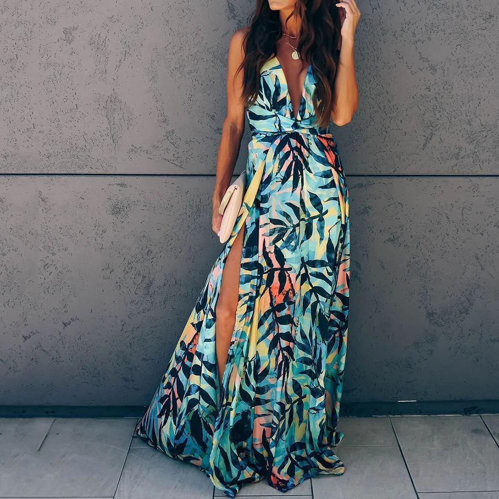 Bohemian Sexy Maxi Dress 2020 Womens Boho Sundress Sleeveless Split Dress Female Summer Floral Printed Long Dress Vestido