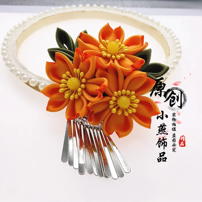 Классическая заколка для волос Kanzashi tsuami Zaiku Sakura традиционный японский цветочный стиль кимоно с кистями аксессуар Гейша ручной работы - Цвет: Orange