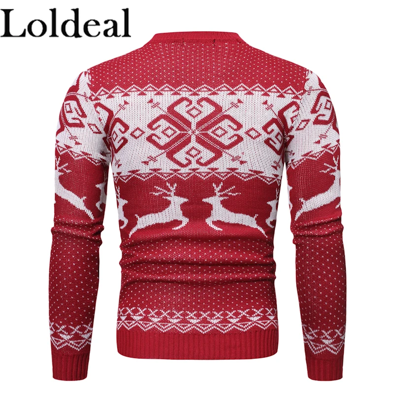 Loldeal Men Sweater Fashion Round Neck Long Sleeve Snowflake Deer Batik Slim Knit Loldeal Men Sweater Fashion Round Neck Long Sleeve Snowflake Deer Batik Slim Knit