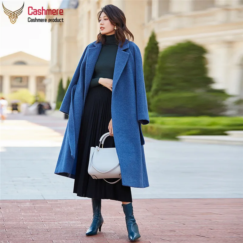 

Alpaca coat female 2019 autumn and winter new silk temperament long section wool coat jacket female blue warm coat