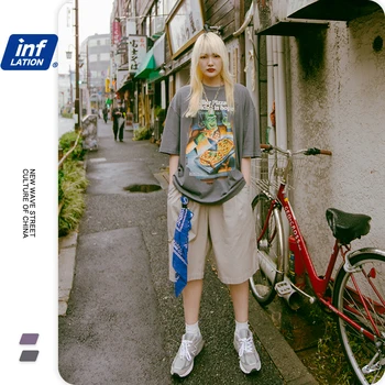 

INFLATION Cartoon Print Men Funny Tshirt Washed Tee Shirt Homme Men Summer T-shirt 100% Cotton Short Sleeve Men Tshirts 1044S20