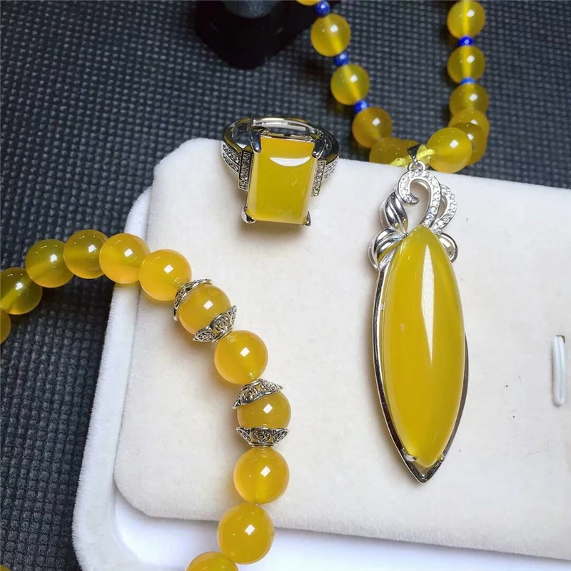 LETSFUN Fine Jewelry 925 Серебро инкрустированные натуральный халцедон желтый кулон ожерелье кольцо браслет набор подарки