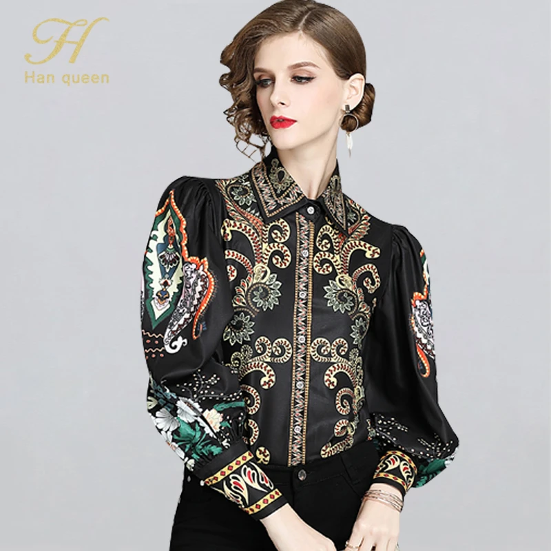 H Han Queen New Arrival Print Shirt Women Blouse Vintage Work Casual Tops Chiffon Blouse Puff Sleeve Loose Women Business Shirts silk blouses