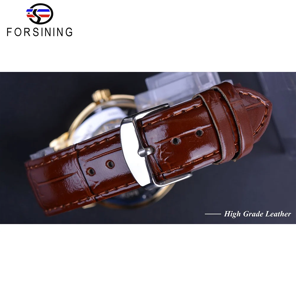 Forsining Golden Roman Men's Mechanical Watch Skeleton Transparent Slim Hand Winding Business Man Brown Leather Belts Wristwatch