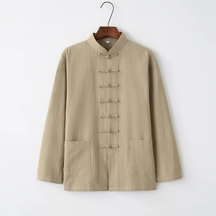 Retro Man Chinese Traditional Hanfu Shirt Solid Casual Kung Fu Uniforms Linen Cotton Tang Suit Male Long Sleeve Tai Chi Shirts