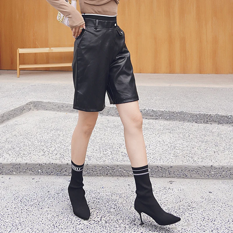 European Autumn Winter PU Leather Shorts Women 2020 New England Style High Waist Solid Black Letter Print Casual Half Shorts