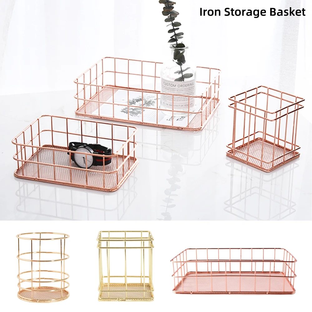 

Nordic Rose Gold Metal Wire Iron Storage Basket Office Desktop Sundries Makeup Brushes Holder Table Cosmetics Organizer Rack
