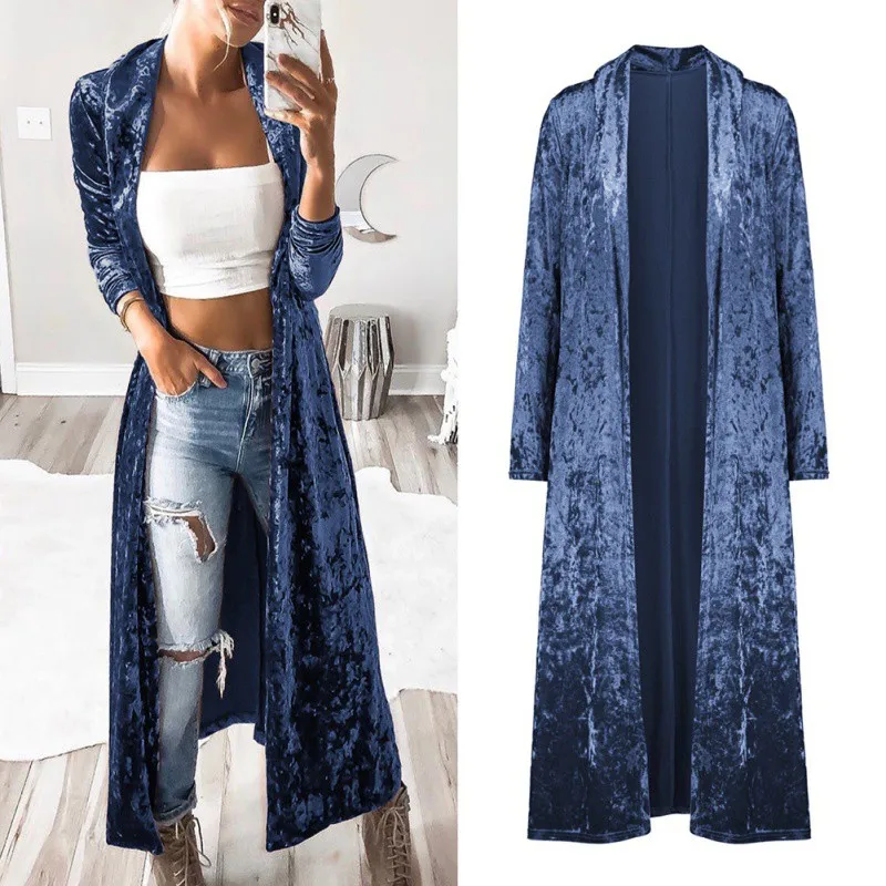 

Autumn Women Open Front Long Sleeve Velvet Coat Fashion Lapel Neck Slim Windbreaker Party Maxi Long Jacket Cardigan W1