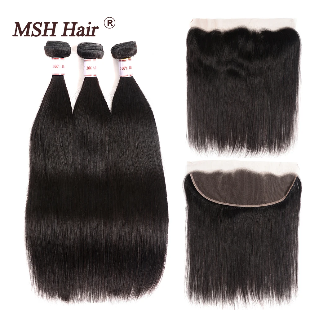 

MSH Hair Brazilian Straight Hair 13*4 Lace Frontal Closure With Bundles Non-Remy Human Hair 3 Bundles With Frontal Medium Ratio
