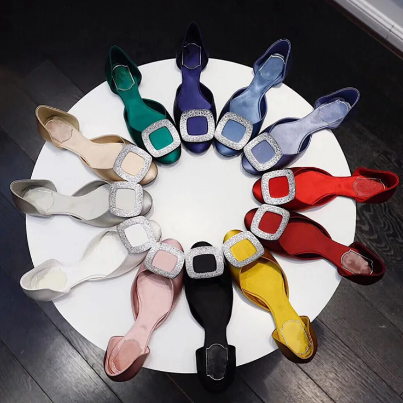 

RV Square Buckle Shoes WOMEN'S Flat Shoes 2020 Spring Summer New Style Real Silk Silk Fabrics Hallow Man-made Diamond Bridesmaid