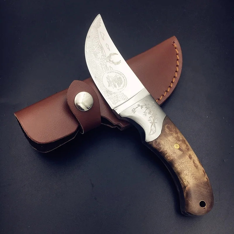 

Rhinoceros Tactical Hunting Knifes Wood Handle Survival Fixed Blade Camping North American Straight Knife with Holster