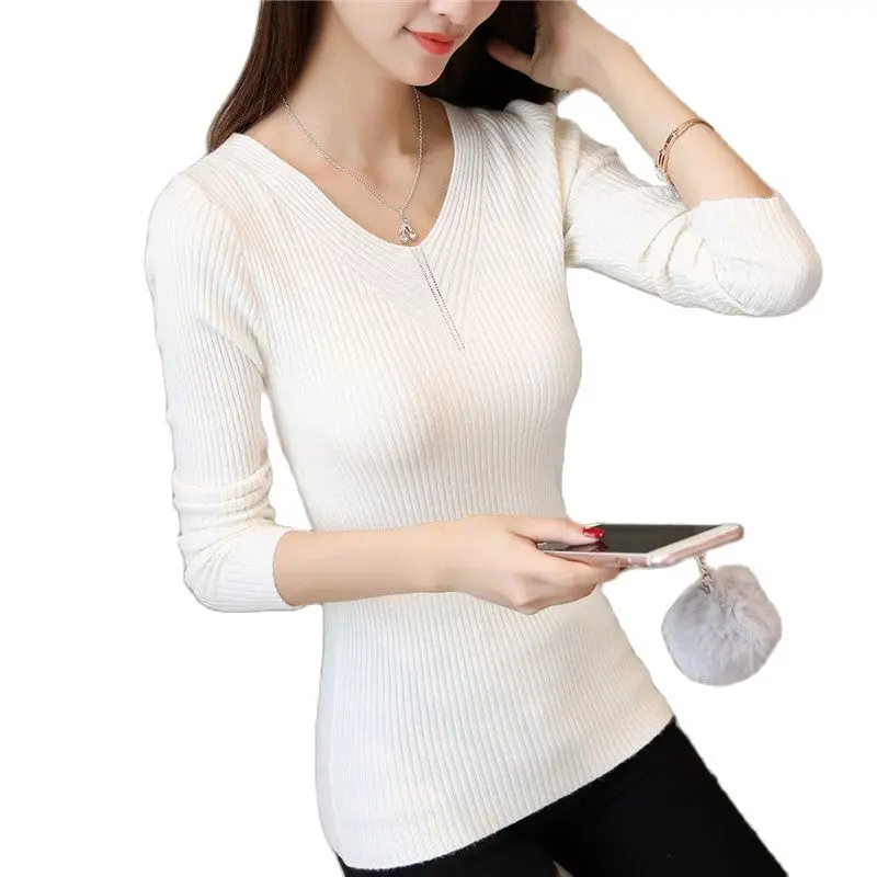 2021 OHCLOTHING Winter 22 NEW WOMENS stretch slim knit sweater V collar shirt F1927 head | Женская одежда