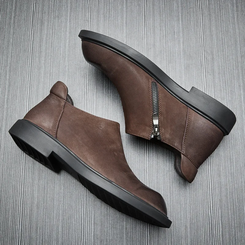 Autumn Winter Chelsea Boots Men Ankle Boots Snow Boots British Velvet Cowhide Genuine Leather Casual Cowboy Boots Mens Fashion