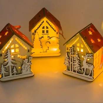 

Small Wooden House Christmas Decoration Lighted Mini Wooden House Ornaments Glowing Christmas Tree Pendants Kids Gifts