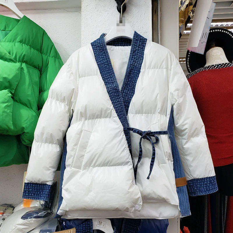 WHITNEY WANG Parkas Зимняя мода уличная джинсовая Лоскутная перекрестные пояса Женская парка с хлопковой подкладкой Толстое Зимнее пальто