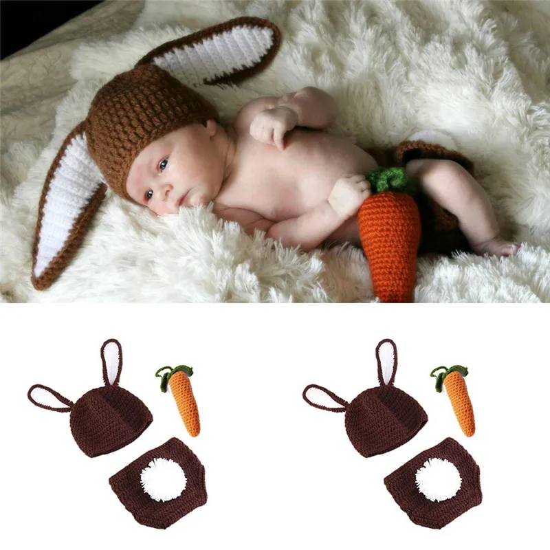 Newborn Photography Props Cute Cartoon Bunny Rabbit Carrot Baby Hat Girls Boys Cap Crochet Knit Clothes Photo Props Clothing Set (6)