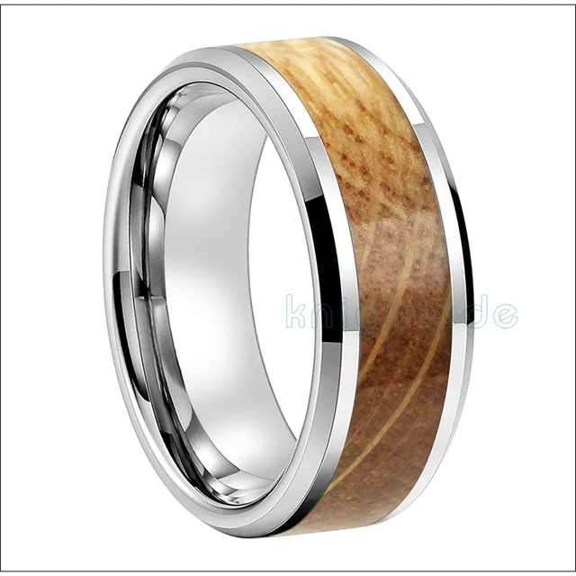 6mm 8mm Tungsten Carbide Rings Whiskey Barrel Oak Wood inlay for Men Women Engagement Wedding Bands Beveled Edges Polished 8mm