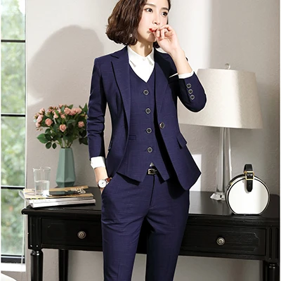 Royal Blue Suits Осень-зима женский брючный костюм OL формальный деловой Тонкий длинный рукав Блейзер жилет и брюки наборы рабочие костюмы - Цвет: Royal Blue Suits
