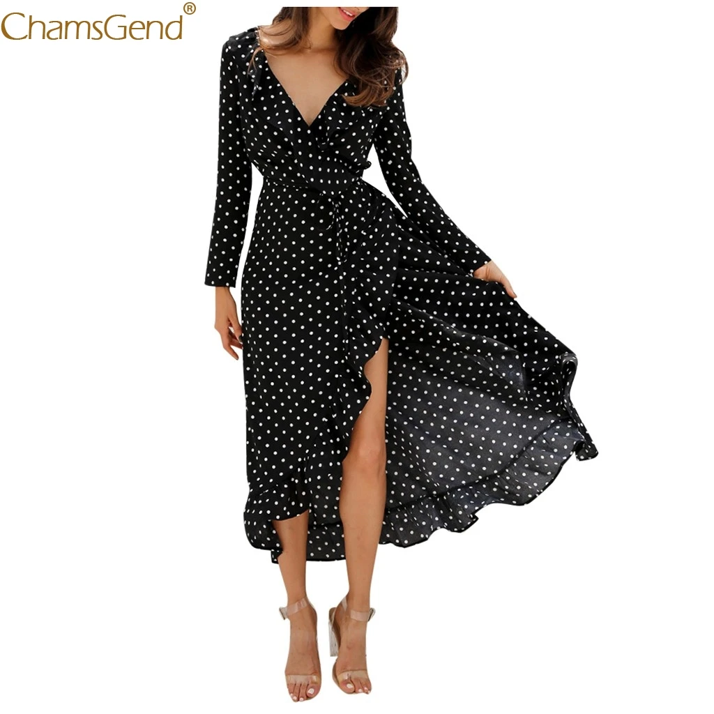 

Lady's Polka Dots Printed Dark V Neck Formal Dress Women Elegant Beach Dresses And Tunic Black Dot Ruffles Elegant Dress Aug