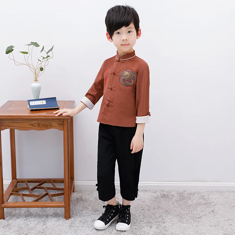 Детская одежда в китайском стиле; сезон осень; хлопковый льняной Детский костюм с длинными рукавами; костюм для мальчиков с китайским драконом