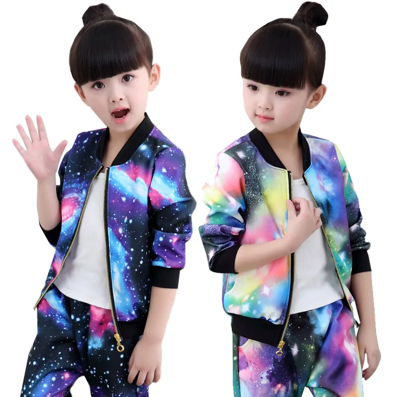 

Girls Starry Sky Print Sets Autumn Spring Jackets For Girl Star Printing Baseball Sportswear Little Girl Daily Fashion Outfits
