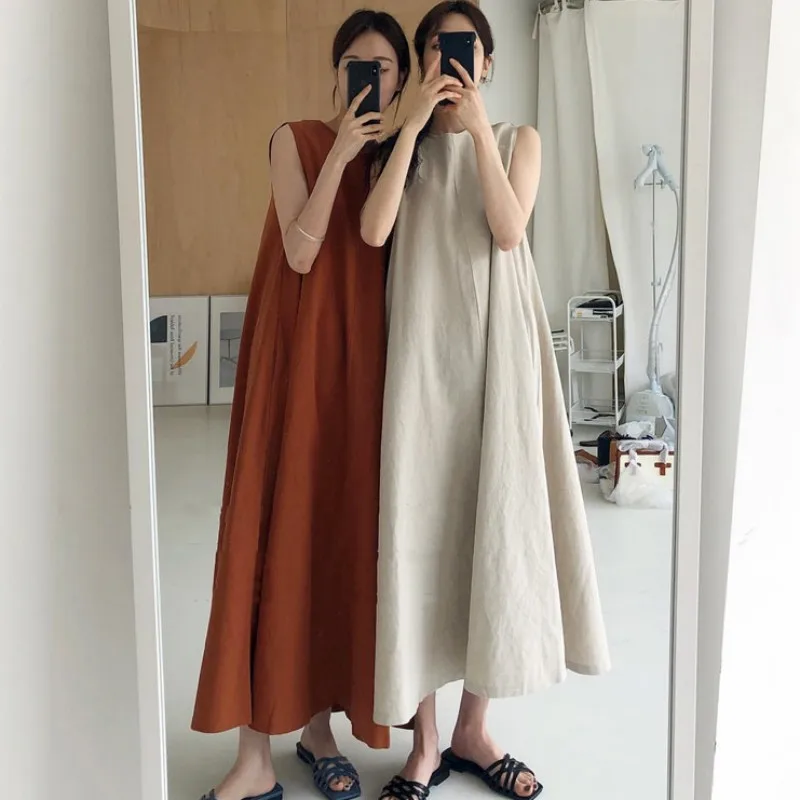 Women Summer Vintage Cotton and Linen Long Tank Dress Sleeveless Loose