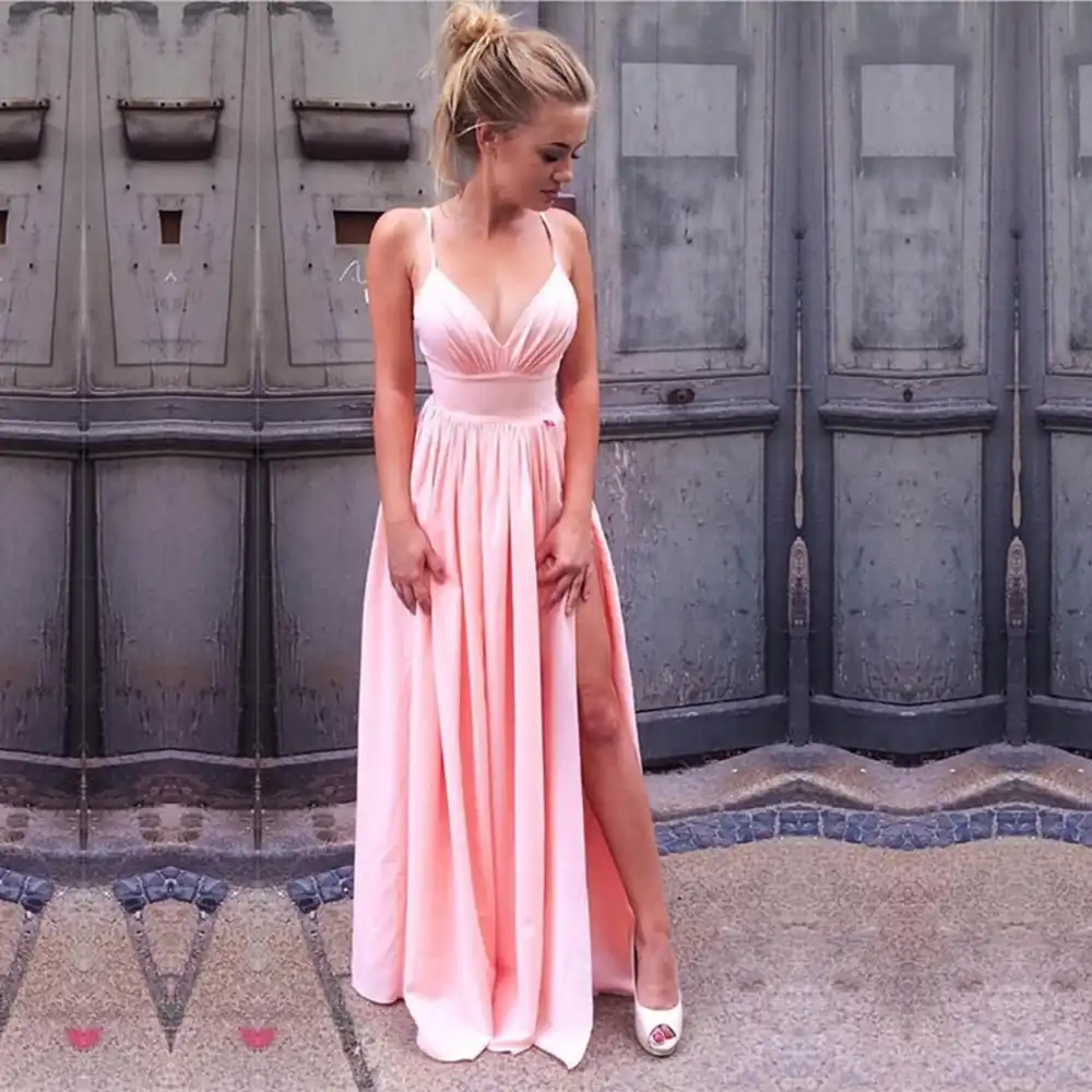 pink silky prom dress