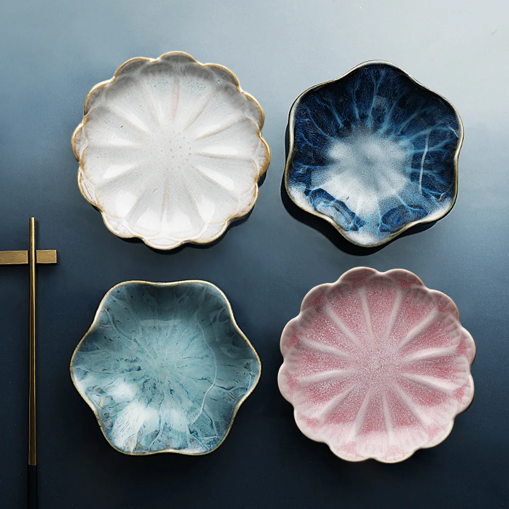

Elegant Fashion Japanese Dining Table Tableware Kiln Glaze Lotus Petals Ceramic Dishes Dish Snack Sauce Dish Small Plate salver