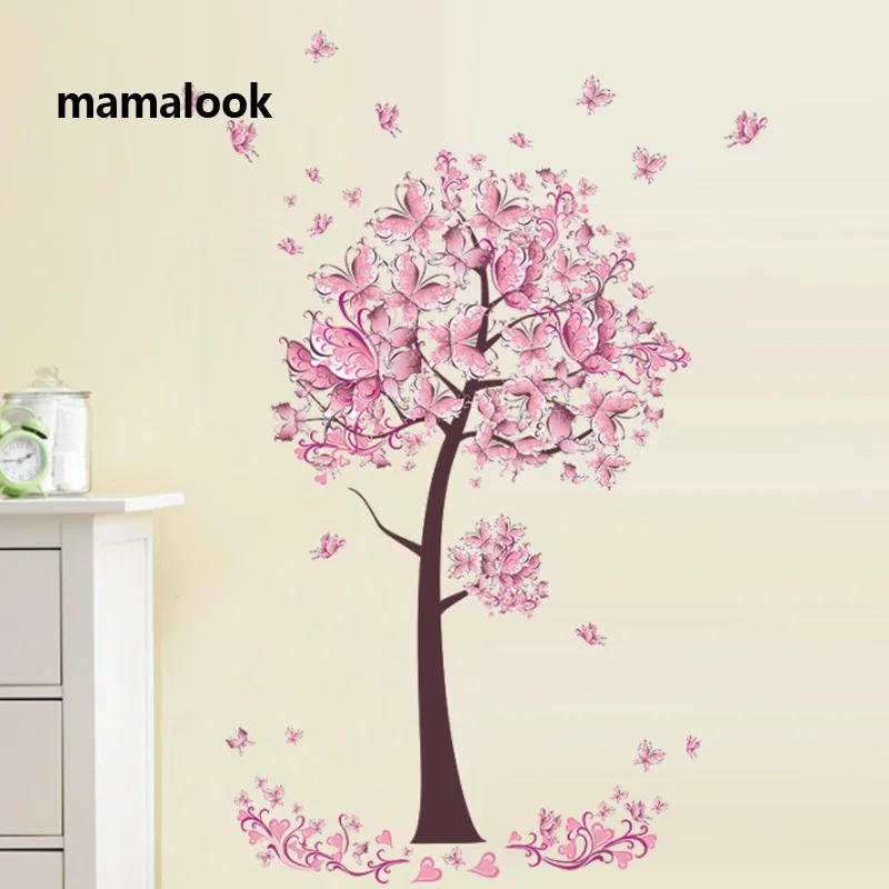 Pink Butterfly Flower Tree Adesivos de Parede, Papel de Parede em Vinil Mural, Decalques para Meninas, Mural Feminino, Casa, Sala de Estar
