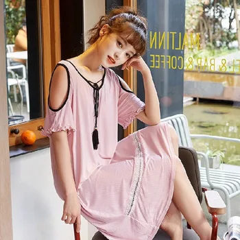 

Pajamas Women's New Women's Sweet High-End Sexy Thin Striped Soft Comfortable Short-Sleeved Home Nightdress Women Sleepwear