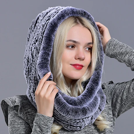 Шапка с капюшоном из кроличьего меха для женщин, зимняя теплая Новинка, вязаный меховой шарф, шапка, стильная модная Натуральная большая женская меховая шапка - Цвет: Frost black