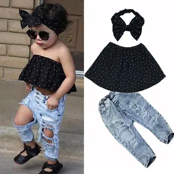 

3pcs/set Girls Fashion Dots Printed Tube Top with Jeans Bow Headwear Outfit for Summer Holiday Beach Party