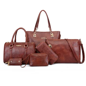 

2020 New Style WOMEN'S Bag Solid Color Fashion Oil Wax Leather Retro Different Size Bags Six Pieces Set Europe And America Style