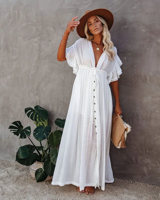 Fitshinling Bohemian Deep V Neck White Long Dress Backless Ruffles Button Up Pareos Beach Cover Up Holiday Sexy Slim Maxi Robe 2