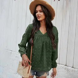 Chemisier en mousseline de soie à manches longues pour femmes, chemises de printemps ample, mode col en V, hauts d'été décontractés, couleur unie, chemise de plage, Streetwear 