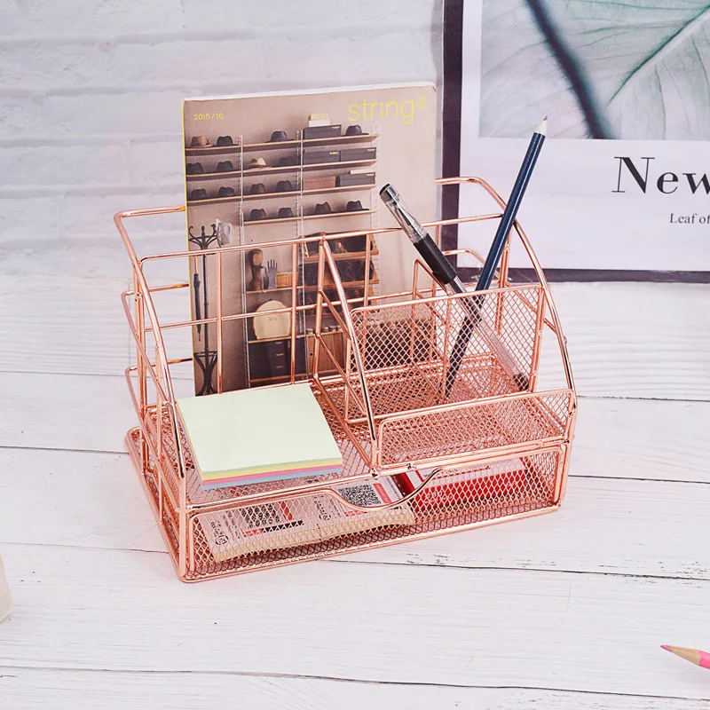 

Nodic Wrought Iron Pen Pencil Holder , Office Desk Storage , File Organizer with Drawer , 9 Inch Makeup Brush Lipstick Storage