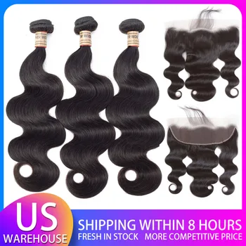 

【US WAREHOUSE】Body Wave Hair Bundles With Frontal 13*4 Lace Frontal With Bundles Brazilian Remy Human Hair Bundles With Frontal