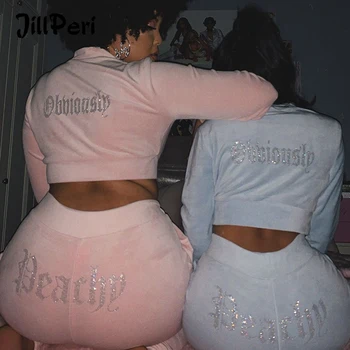 JillPeri חורף קטיפה יבול מעיל ואימונית רצים שתי חתיכה להגדיר עם Diamante Rhinestones ריצה לנשים