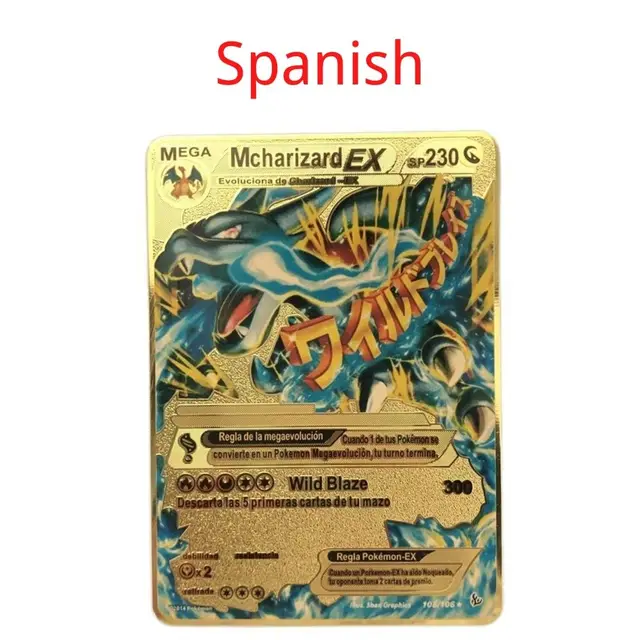 Spanish Pokemon Metal Card Pikachu Fire-breathing Dragon VMAX Gold V/GX/OX Card Toys Play Games Collection Card Children's Gifts 15