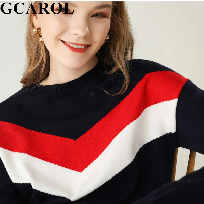 GCAROL женский свитер полосы контрастных цветов с открытыми плечами 30% шерстяной джемпер стрейч осень зима уличная одежда вязаный пуловер