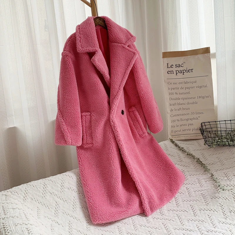 Розовая длинная куртка с плюшевым мишкой, пальто для женщин, зима, Толстая теплая объемная массивная верхняя одежда, пальто для женщин, пальто из искусственного меха ягненка