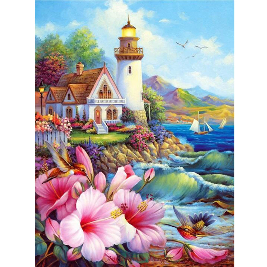 Beadwork paintings,diamond embroidery beacon,Full square round Diamond mosaic diamond painting Landscape lighthouse rose decor
