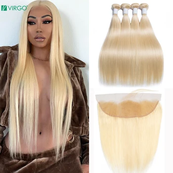 

Virgo Hair 613 Blonde Bundles With Frontal Closure Peruvian Straight Hair 3 Bundles 100% Human Hair Remy hair Extension