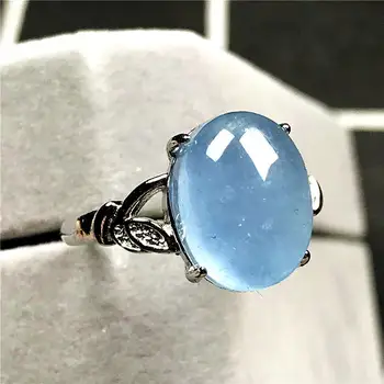 

100% Natural Ocean Blue Aquamarine Beads Ring Jewelry For Woman Man 12x9mm Oval Crystal Gemstone Silver Adjustable Ring AAAAA