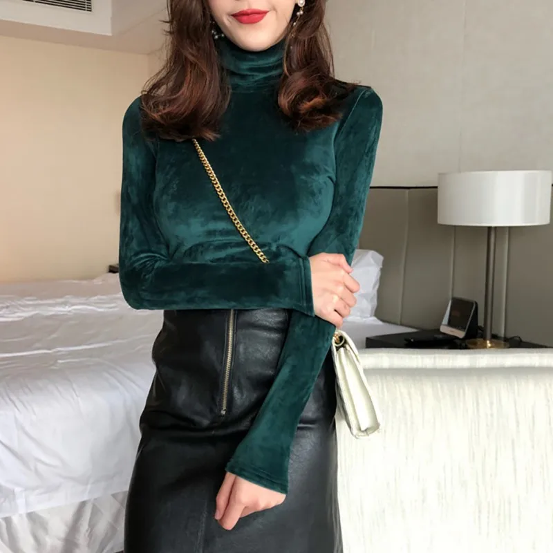 

Autumn New Women Turtleneck T Shirt Velvet Warm Long Sleeve Bottoming Tops Female Casual Solid Color Fashion Tshirt 2019 #E