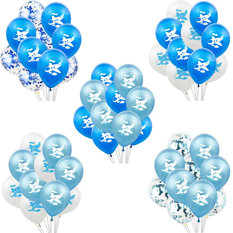 10Pcs 12inch Blue White Airplane Printed Confetti Balloon Inflatable Helium Air Globos Baby Shower Birthday Party Decoration