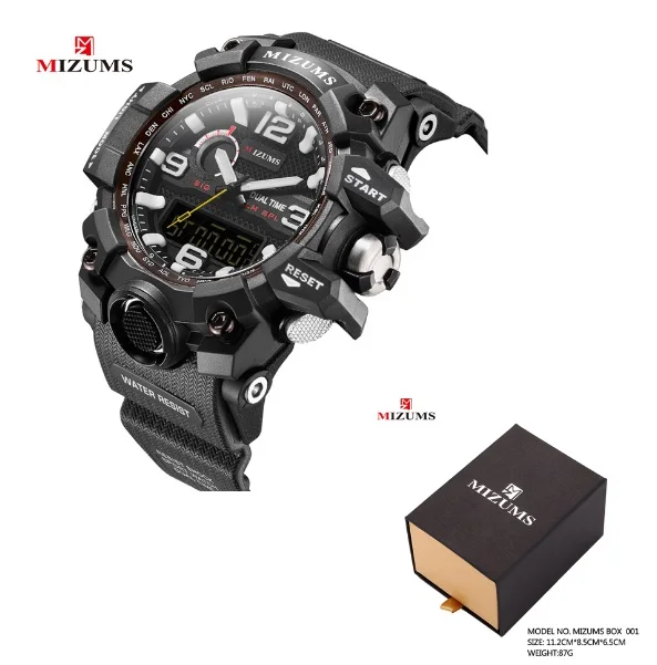 black with box MIZUMS светодиодный цифровой аналоговый спортивные часы мужские Хронограф военные мужские G стиль модные спортивные часы мужские наружные мужские наручные часы - Цвет: black with box